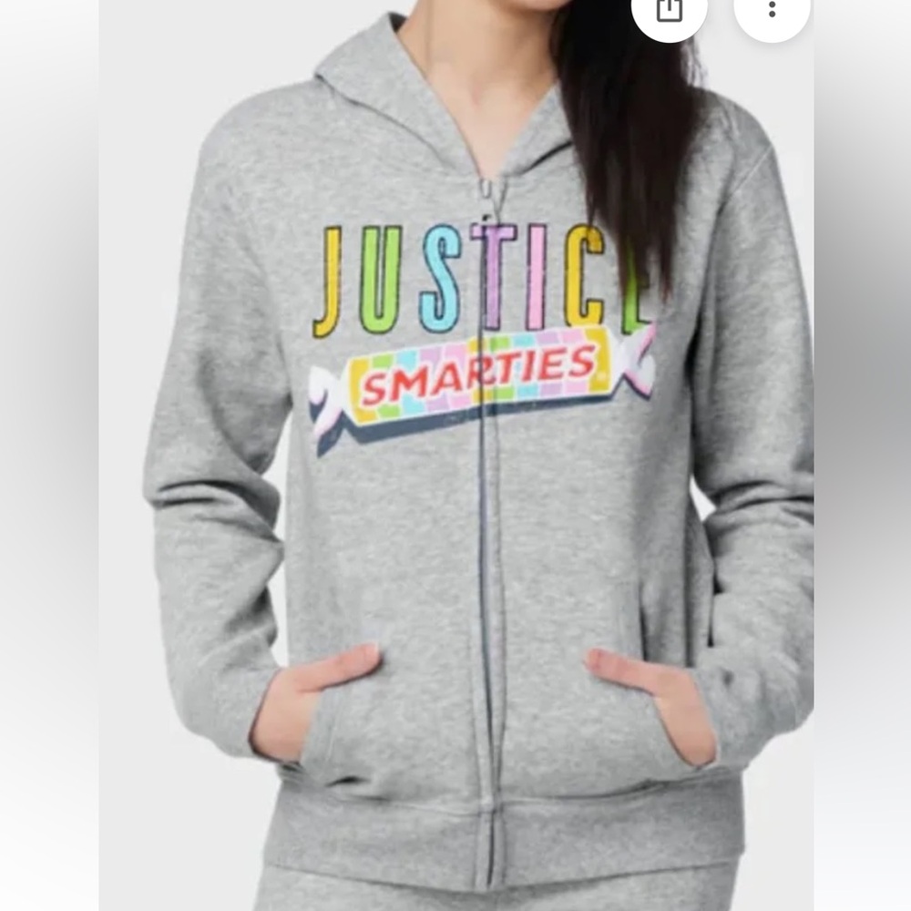 Justice Gray Zip-Up Hoodie with Vibrant Logo Smarties